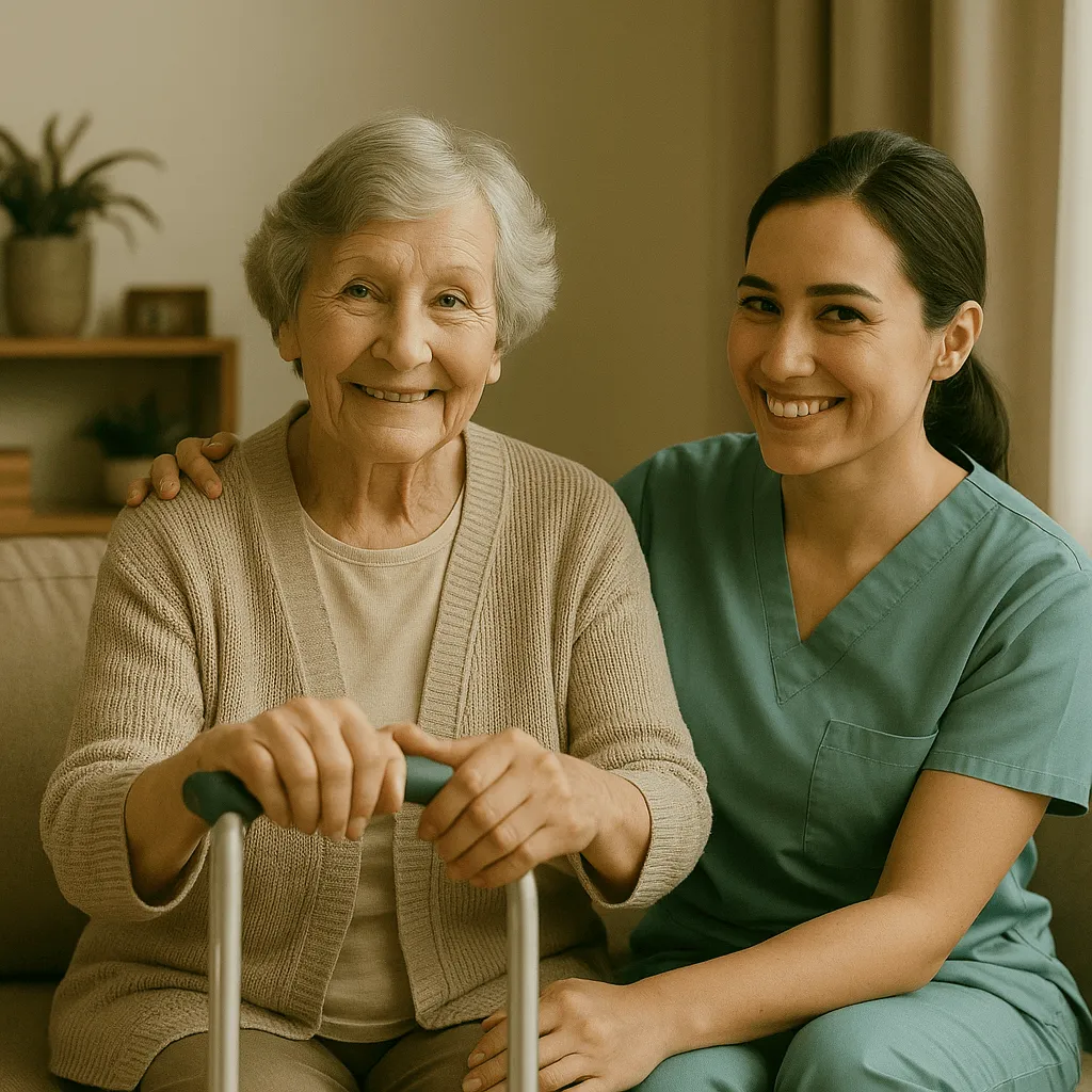 Пожилая женщина и сиделка в тёплой домашней обстановке